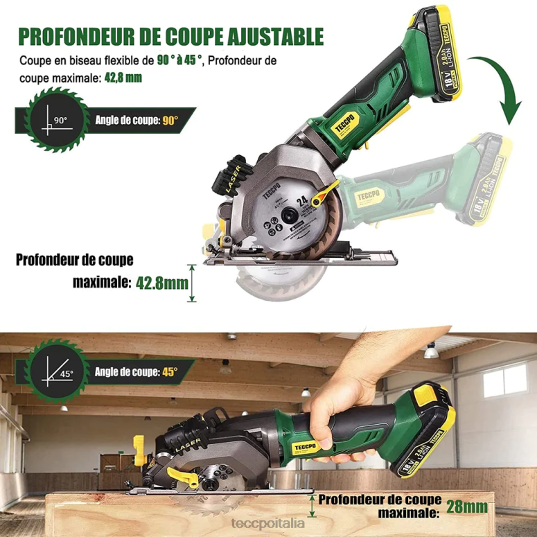 TECCPO Mini sega circolare a batteria 18 V con guida laser lavorazione del legno L0VNJ26