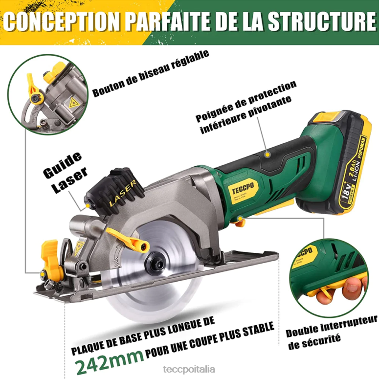 TECCPO Mini sega circolare a batteria 18 V con guida laser lavorazione del legno L0VNJ26